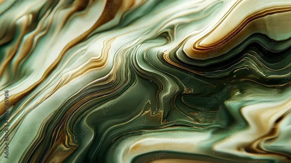 A close-up view of a fluid, abstract design featuring swirling patterns in shades of green, cream, and brown, resembling natural stone or marble. A close-up view of a fluid, abstract design featuring swirling patterns in shades of green, cream, and brown, resembling natural stone or marble.