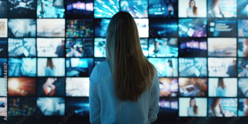 Woman in front of video screens Woman in front of video screens