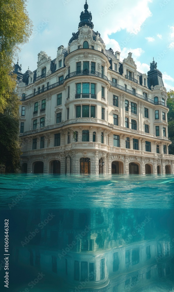 Fototapeta premium A Majestic Old Building Half Submerged in Water