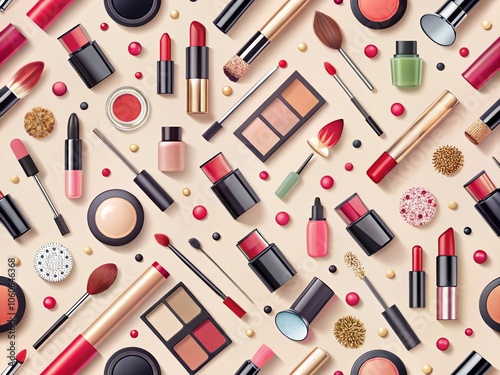 Minimalist Makeup Doodle Pattern with Lipstick, Cream, Mascara, Brushes, and Shades – Seamless Beauty Fashion Design for Cosmetics and Makeup Enthusiasts