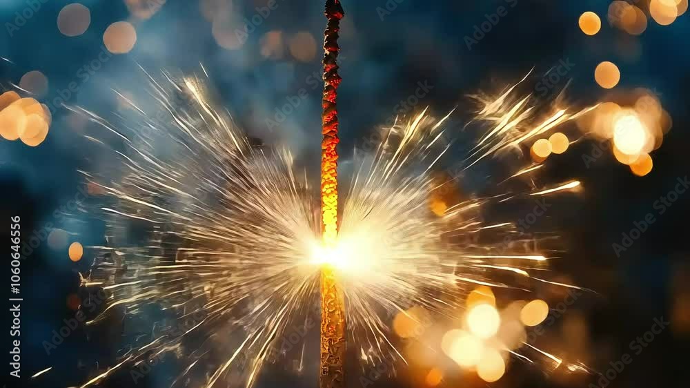 A close-up of a sparkler igniting, emitting bright sparks against a blurred background of warm bokeh lights, creating a festive and celebratory atmosphere.