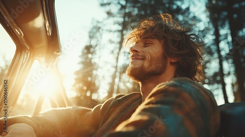 A carefree man leans back joyfully in open sunlight, surrounded by nature, capturing a moment of bliss, freedom, and embracing the spirit of outdoor adventure and delight. photo