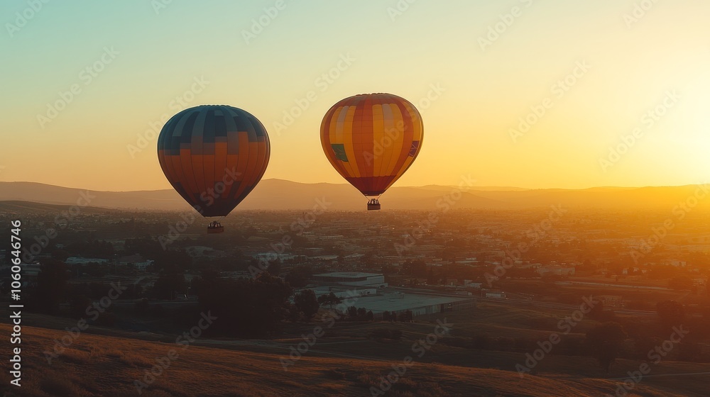 Naklejka premium Two colorful hot air balloons soaring above a scenic landscape at sunset.