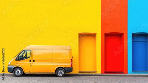 Bright yellow delivery van parked next to colorful doors against a vibrant wall.