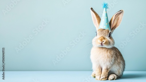 Cute rabbit wearing a party hat against a light blue background.