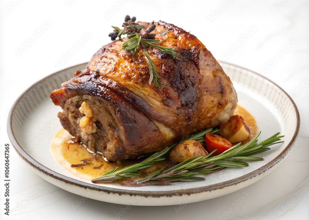 baked pork knuckle with vegetables, isolated on white background
baked pork knuckle with vegetables, isolated on white background