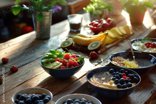 Wooden Table with Healthy Fruits and Vegetables