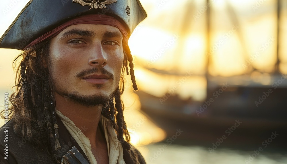 A Close-Up Portrait of a Pirate with Long Hair and a Tri-Cornered Hat A Close-Up Portrait of a Pirate with Long Hair and a Tri-Cornered Hat