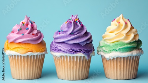 Three colorful cupcakes with swirled frosting and sprinkles against a light blue background.