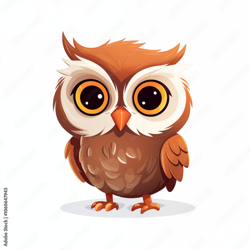 A cute cartoon owl standing on a white background looking curiously at its surroundings A cute cartoon owl standing on a white background looking curiously at its surroundings