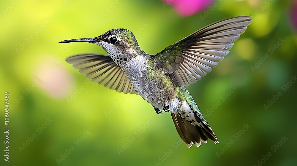 Obraz premium This captivating stock photo features a close up view of a watercolor hummingbird with finely detailed plumage, hovering in the air with its wings outstretched