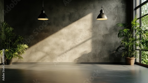 A room with an industrial design featuring dark walls, large metal pendant lights, and lush potted plants, combining urban style with natural elements. photo