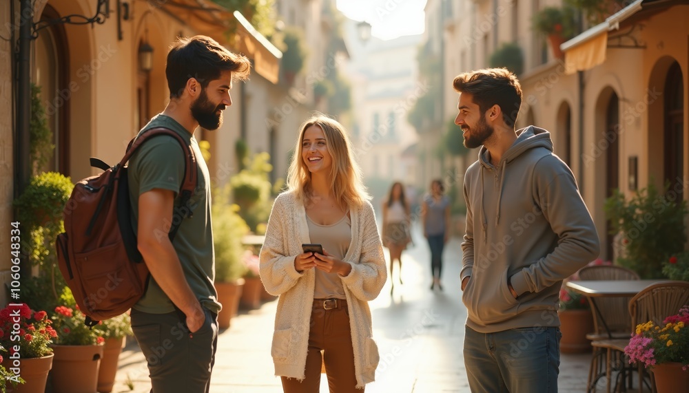 Obraz premium Young Adults Engaged in Conversation on a Charming European Street.