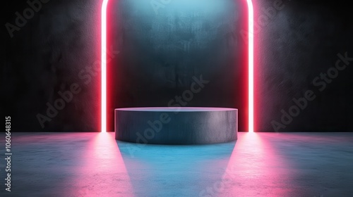 A stark industrial podium is brightly illuminated by neon lights in an otherwise dark room. The vibrant colors bring a futuristic and urban artistic mood to the space.