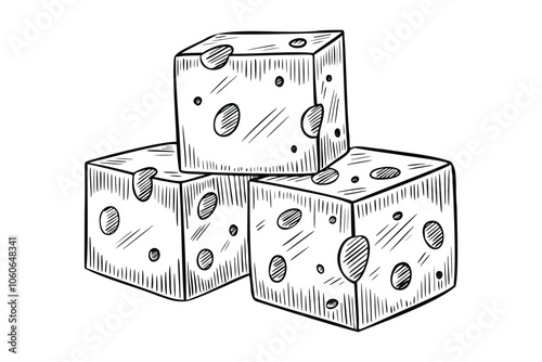 Cheese cubes vector illustration. Outline Drawing of dairy product label or recipe in cookery book. Monochrome etching of cheddar or gouda with holes. Monochrome sketch of food for culinary.