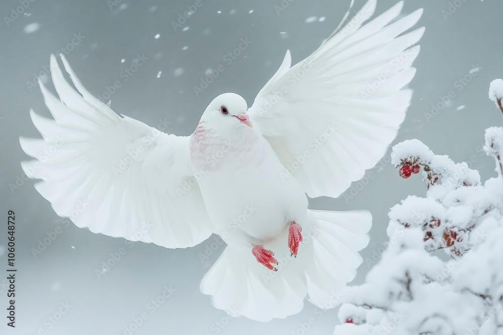 Fototapeta premium White Dove in Flight with Snow and Red Berries in Background