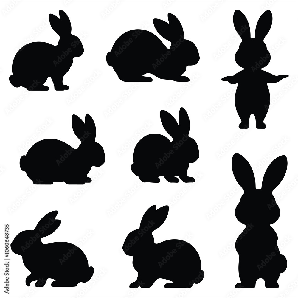 Fototapeta premium Set of silhouettes of rabbits in various poses. isolated vector on white background