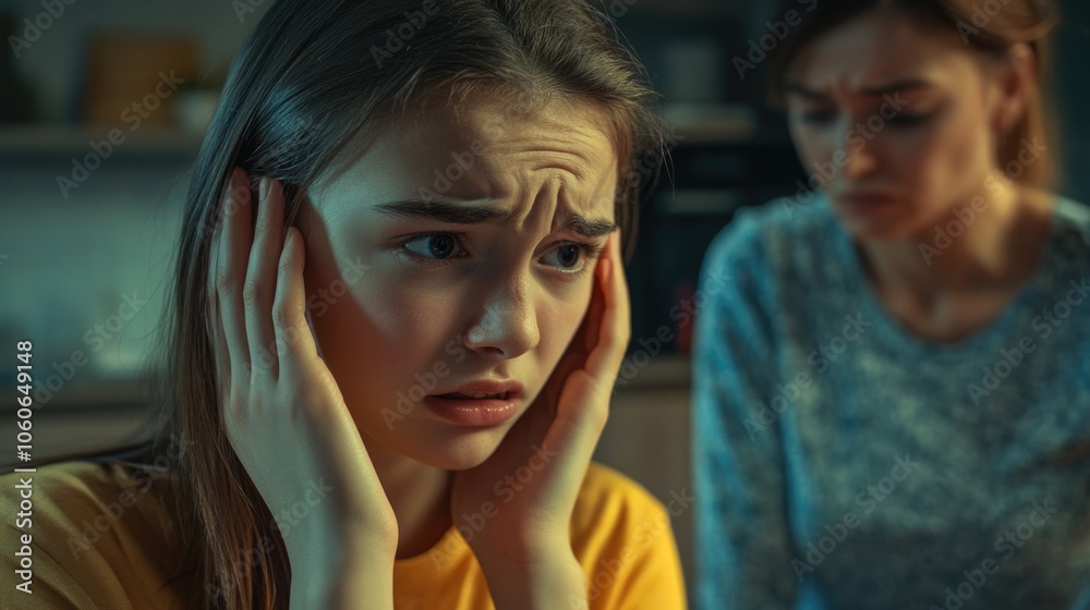 Fototapeta premium Distressed Young Woman and Adult Discussion