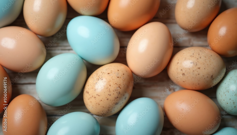 Close-Up of Diverse Collection of Colorful Eggs on Rustic Wooden Surface Close-Up of Diverse Collection of Colorful Eggs on Rustic Wooden Surface