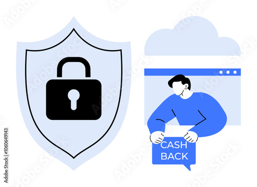 Padlock on shield and person holding cashback card near cloud. Ideal for Online Security, E-commerce, Financial Transaction, Cloud Services, and Digital Safety. Minimalist, modern, clean