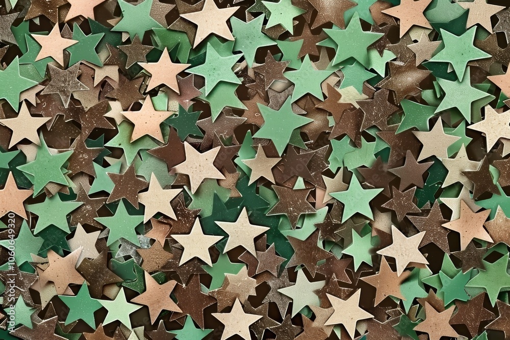 Naklejka premium Festive green and gold stars confetti scattered on vibrant background ideal for celebrations and events. dynamic illustration. star pattern wallpaper. Abstract textured backdrop for digital projects