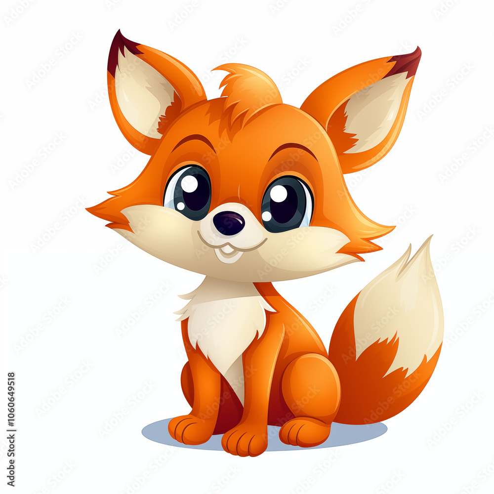 Obraz premium Cute cartoon orange fox character sitting happily on a white background with a playful expression