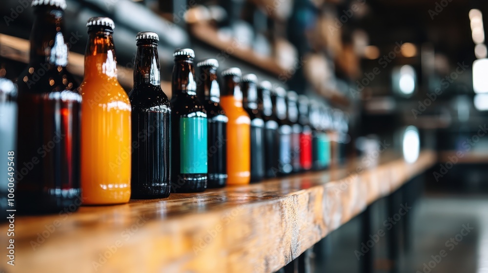 A variety of colorful bottles arranged on a wooden bar counter, showcasing diverse hues and labels in a lively and inviting bar setting that promises refreshment. A variety of colorful bottles arranged on a wooden bar counter, showcasing diverse hues and labels in a lively and inviting bar setting that promises refreshment.