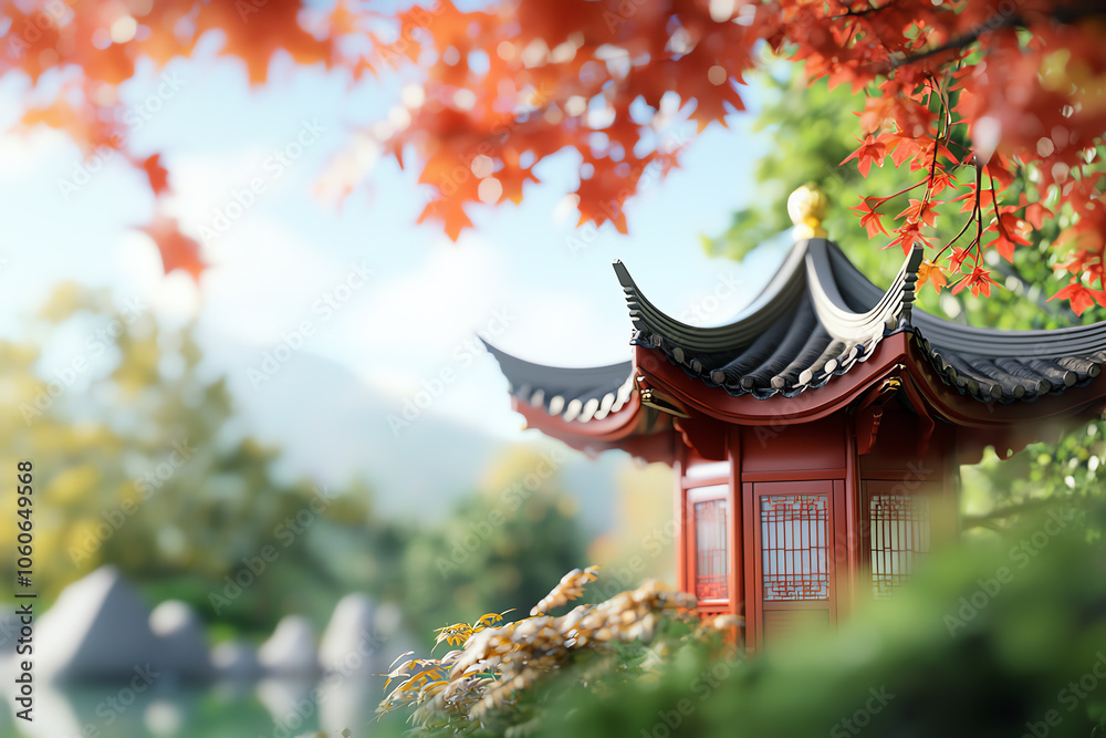 The tranquil beauty of a red and gold chinese pavilion surrounded by nature's serenity The tranquil beauty of a red and gold chinese pavilion surrounded by nature's serenity