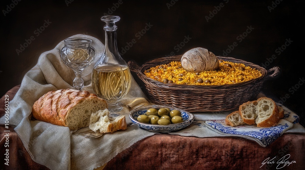 A rustic table setup with paella, rustic bread, olives, and wine, evoking the vibrant flavors and spirit of Spain. A rustic table setup with paella, rustic bread, olives, and wine, evoking the vibrant flavors and spirit of Spain.