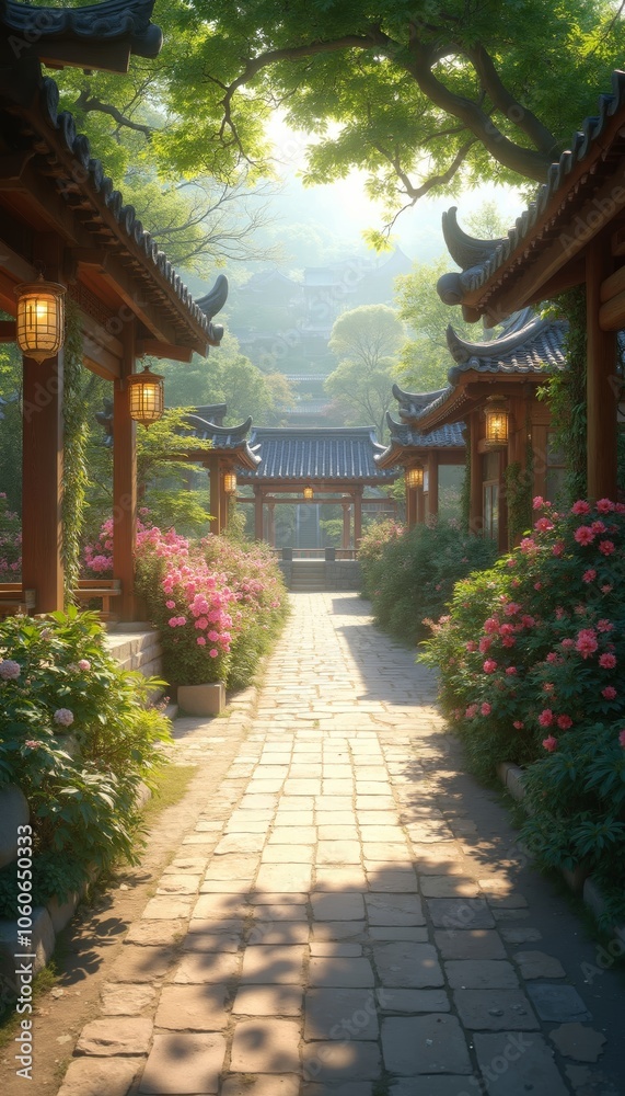 Fototapeta premium Picturesque Asian Garden Path with Lanterns and Vibrant Flowers