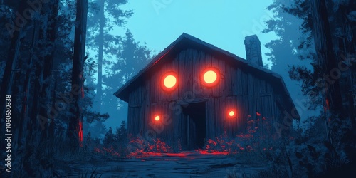 A Dark Wooden Cabin with Glowing Windows in a Forest