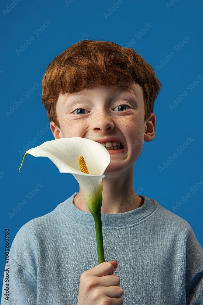 Smiling boy with red hair holding lily Smiling boy with red hair holding lily