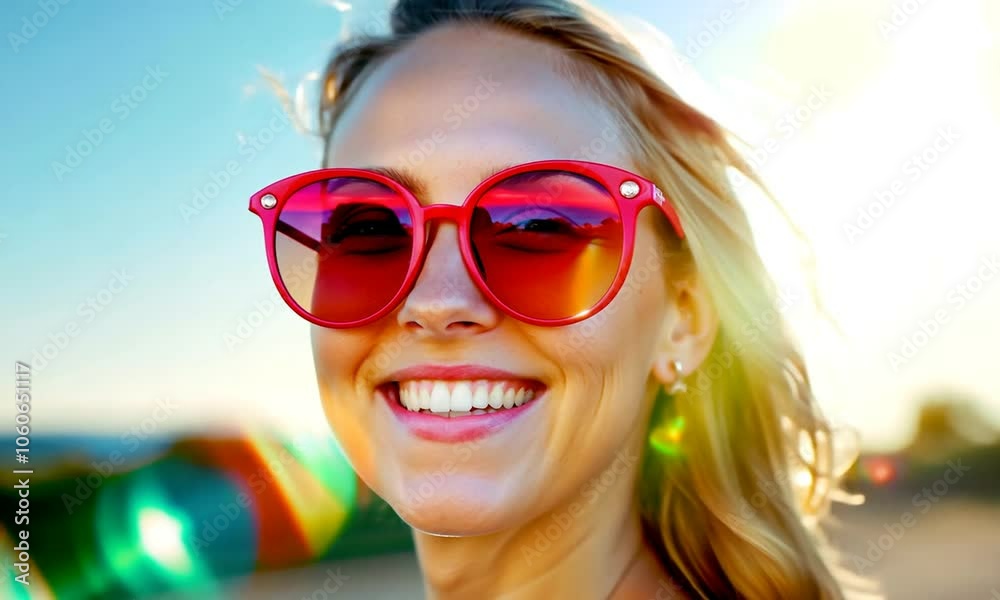 Joyful Young Woman with Red Sunglasses Smiling in Sunlight Joyful Young Woman with Red Sunglasses Smiling in Sunlight