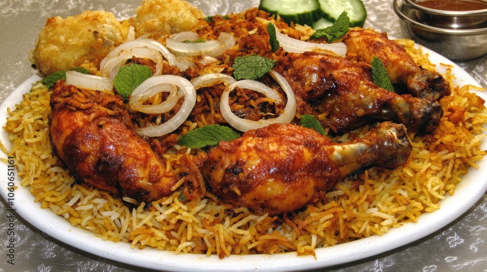 Fototapeta premium Aromatic biryani dish with chicken and saffron rice, garnished with mint and crispy onions