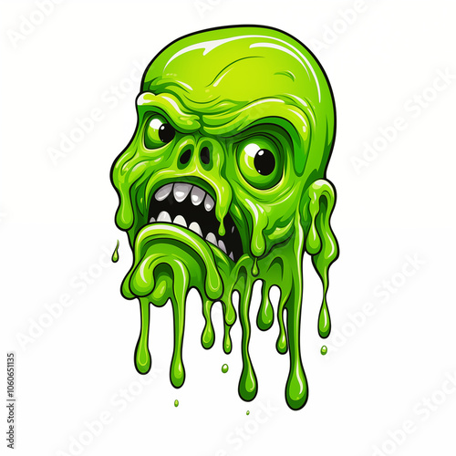 A cartoonish green monster head drips slime in a mischievous expression on a white background photo