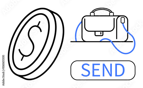 Coin with dollar sign, business briefcase, and Send button symbolize digital money transfer. Ideal for finance apps, banking, fintech solutions, e-commerce, online transactions, business services