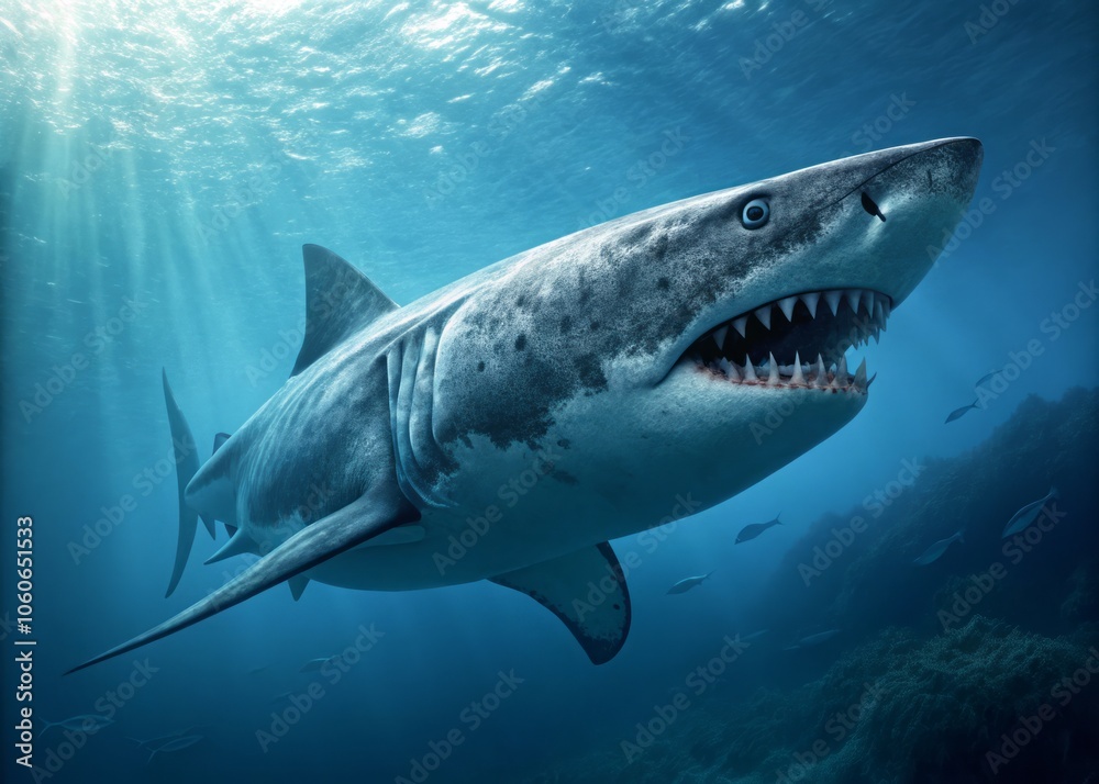 Fototapeta premium Realistic Digital Art Illustration of a Petalodont Shark Swimming in a Vibrant Underwater Scene