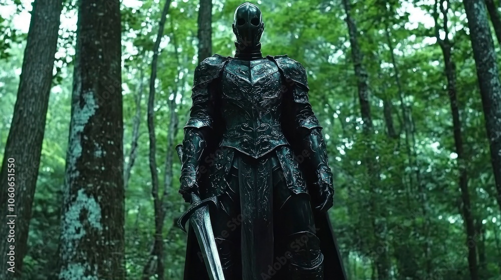 A Black Knight Stands in a Lush, Verdant Forest A Black Knight Stands in a Lush, Verdant Forest