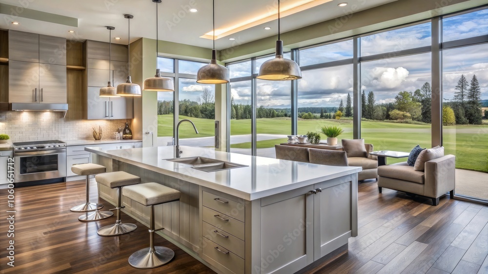 Modern open concept kitchen featuring island and large windows showing golf course view Modern open concept kitchen featuring island and large windows showing golf course view