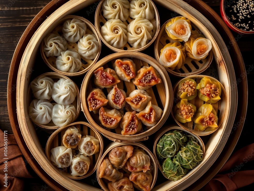 Variety of steamed dumplings in a bamboo steamer with dipping sauces