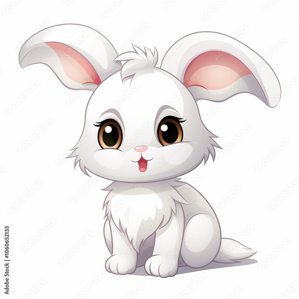 Cute and fluffy cartoon rabbit sitting happily with big expressive eyes in a whimsical style Cute and fluffy cartoon rabbit sitting happily with big expressive eyes in a whimsical style