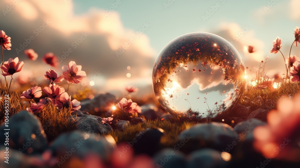 A dazzling sphere sits in a flower-strewn field, bathed in the warm, rich glow of a stunning sunset, reflecting the flowers and sky for a mesmerizing effect.