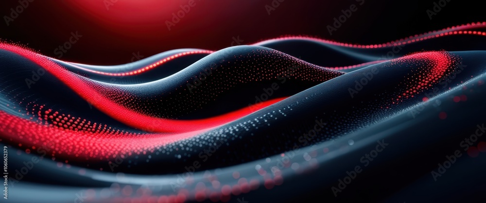 Obraz premium Abstract waves, digital particles, red and black contrast, dynamic motion, flowing curves, technology concept, futuristic design, sleek texture, neon glow, dark background, 3D rendering, high-resoluti
