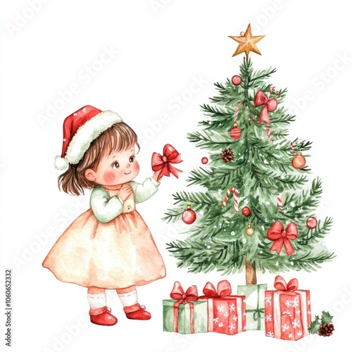 Festive Christmas Illustration. Watercolor Clipart with Baby Girl, Presents and Christmas Tree