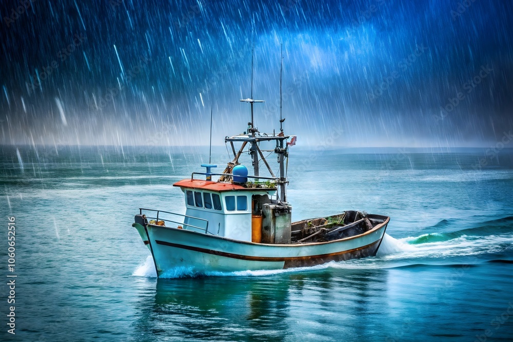 Naklejka premium fishing boat sail in heavy rain on dark sea