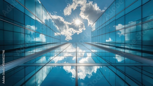 A reflective view of modern glass buildings under a bright sky with clouds.