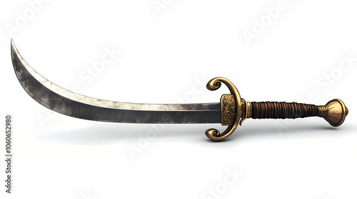 High quality photo of a pirates curved cutlass sword on a white background. historical events isolated on white. photo realistic photo. Photorealism. Illustration