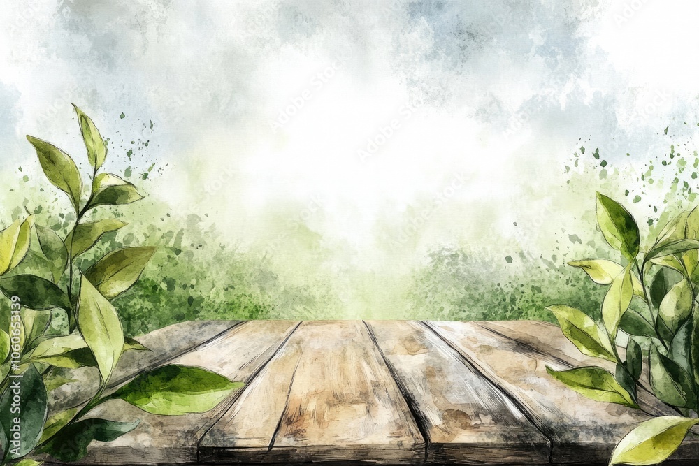 Fresh Tea Leaves on Wooden Table from Tea Plantation. Natural Landscape Watercolor Illustration Template Fresh Tea Leaves on Wooden Table from Tea Plantation. Natural Landscape Watercolor Illustration Template