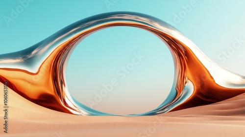 A sleek, metallic archway stands in a desert setting, its shiny surface reflecting hues of blue and orange against the backdrop of sand dunes and vast sky. photo