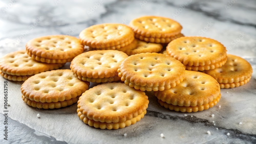 Round salty crackers resting on marble kitchen countertop Round salty crackers resting on marble kitchen countertop